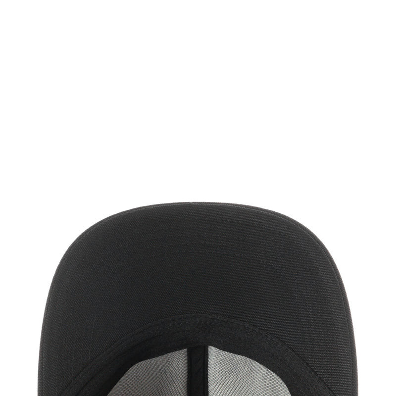 Black cap crown close-up with stitched seams and small ventilation holes