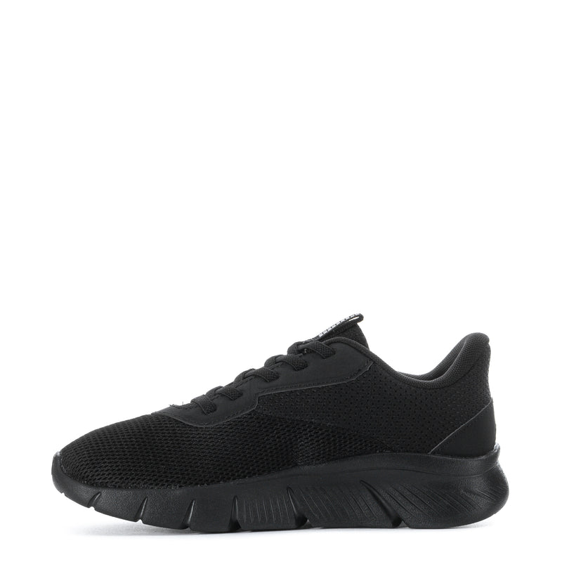 Kids black lace-up sneaker with mesh upper and thick treaded sole