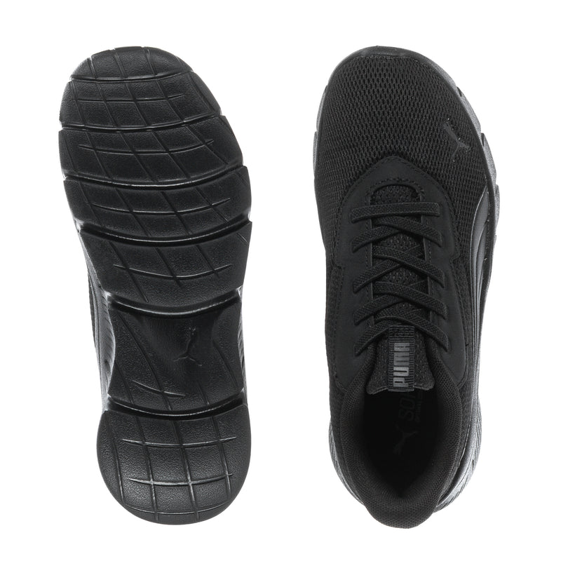Kids black sneakers pair: textured outsole and lace-up upper