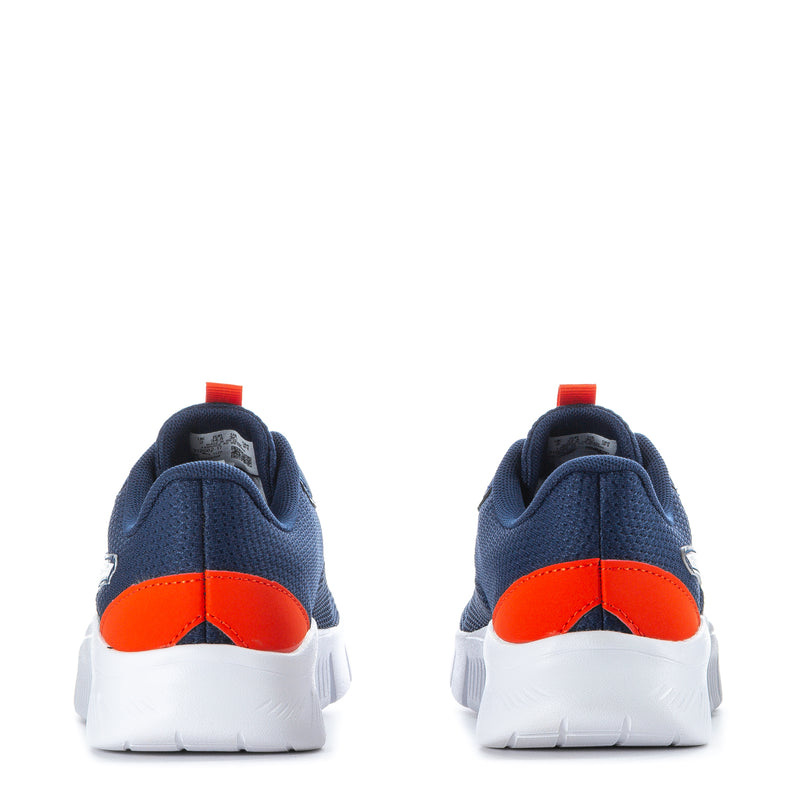 Kids FlexFocus Lite sneakers, navy back view with white sole and orange-red heel panel