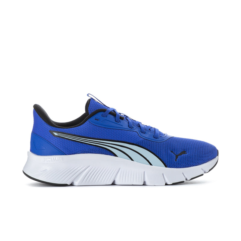 Men's blue running shoes with black accents and white cushioned sole
