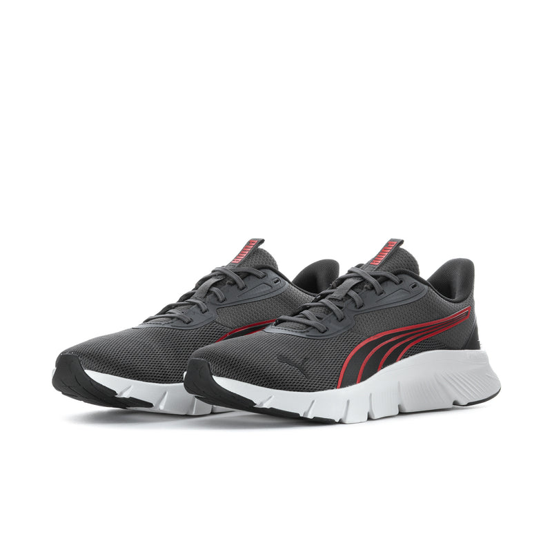 Men's dark gray lace-up running shoes, pair view, red stripe accents and white sole