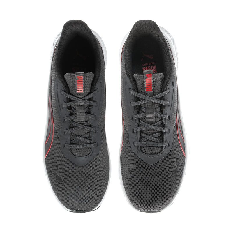 Men's dark gray lace-up shoes with mesh uppers; red heel lining; black laces