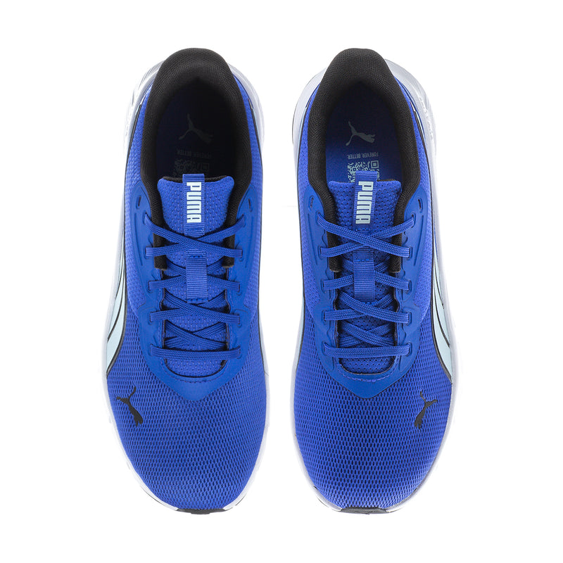Men's blue lace-up running shoes with PUMA logo and black interior lining