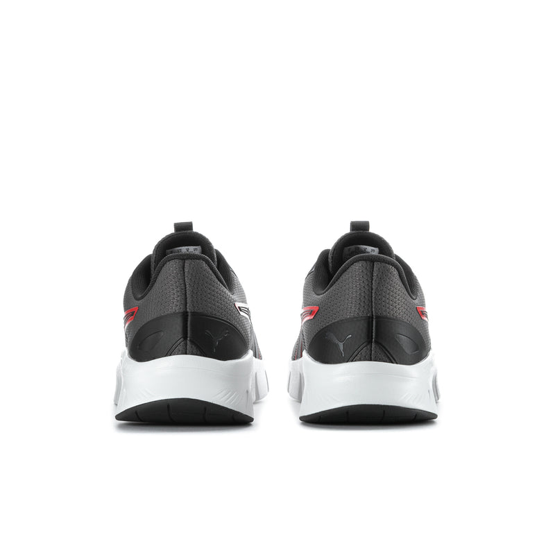 Men's dark gray running shoes with red heel stripe accents; white midsoles; black backs