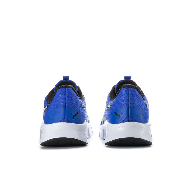 Men's blue running shoes, rear view, with black heel tabs and white sole