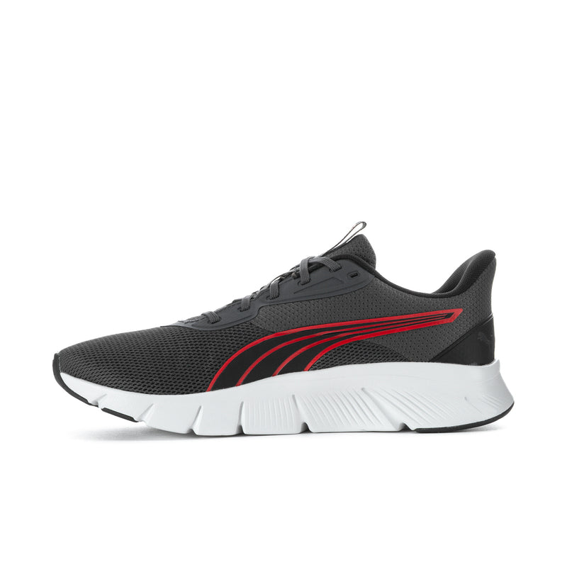 Men's dark gray lace-up running shoe with red wave stripe and white cushioned sole