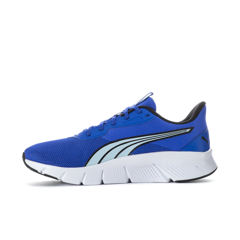 Men's blue running shoes with black stripe accents and white sole