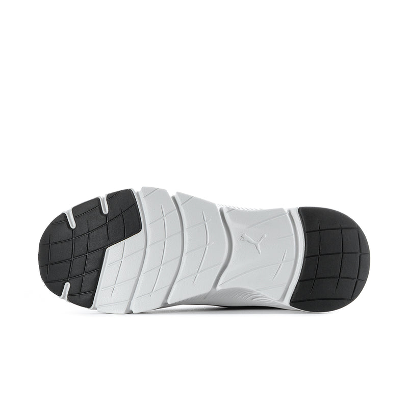 Men's running shoe outsole view: dark rubber tread with white midsole and heel