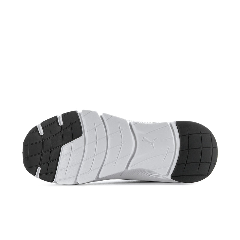 Men's shoe outsole view with white midsole and black traction pods