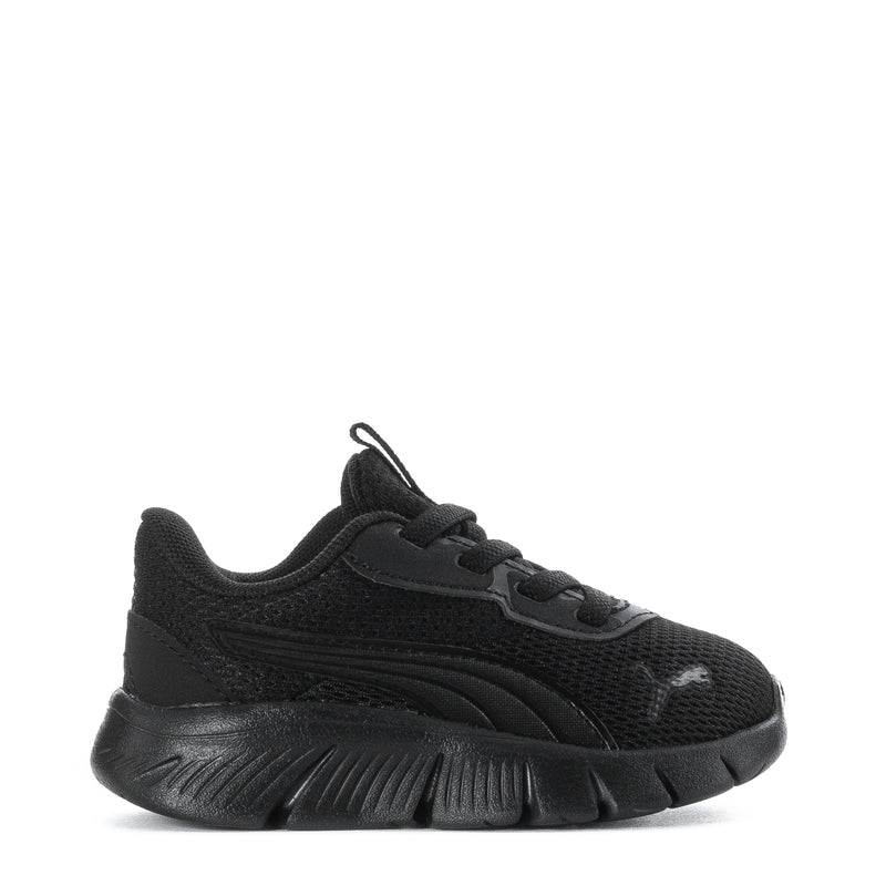 Kids black sneaker with mesh upper, lace-up front, and chunky sole