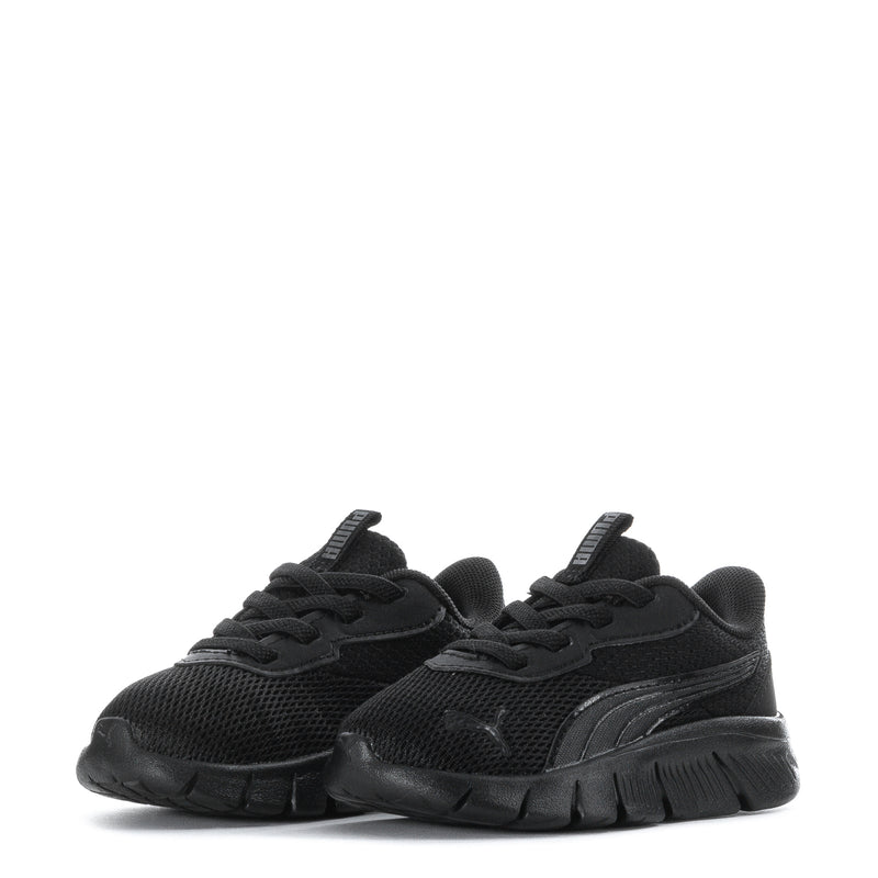 Kids black lace-up sneakers with textured side stripe and thick sole