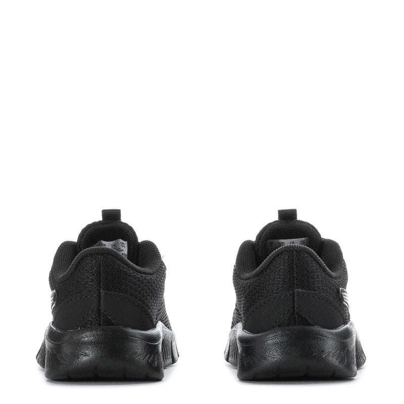 Kids black sneakers with padded collar, heel tabs, and sculpted sole