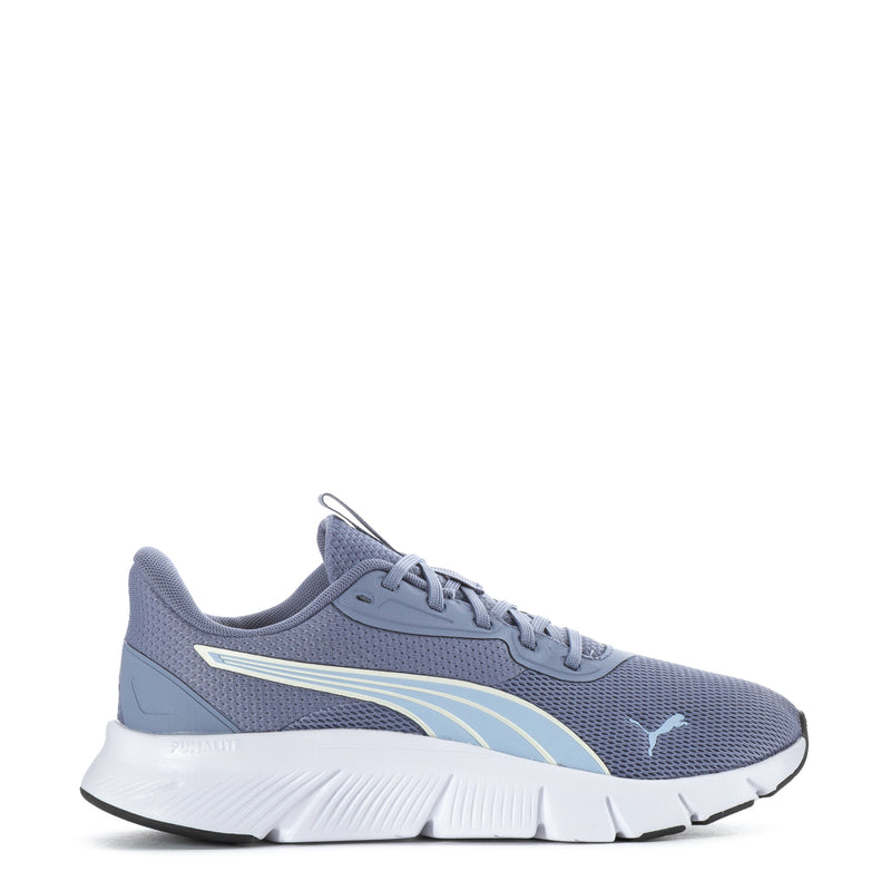 Women's Puma FlexFocus Lite running shoe, sky blue knit upper, white sole.