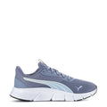 Women's Puma FlexFocus Lite running shoe, sky blue knit upper, white sole.