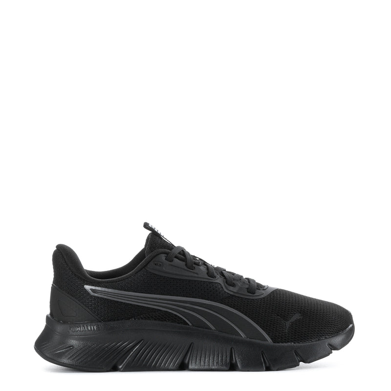 Black women's running shoes with mesh upper, lace-up front, and gray stripe detail.