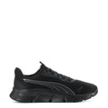 Black women's running shoes with mesh upper, lace-up front, and gray stripe detail.