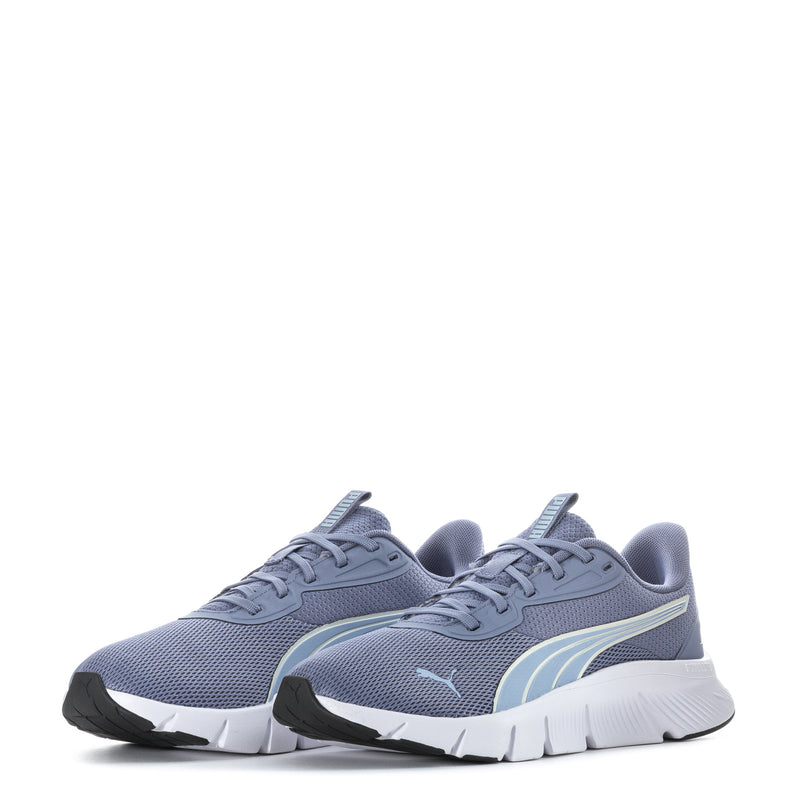 Women's Puma FlexFocus Lite running shoes, blue mesh upper, white outsole, lace-up design.