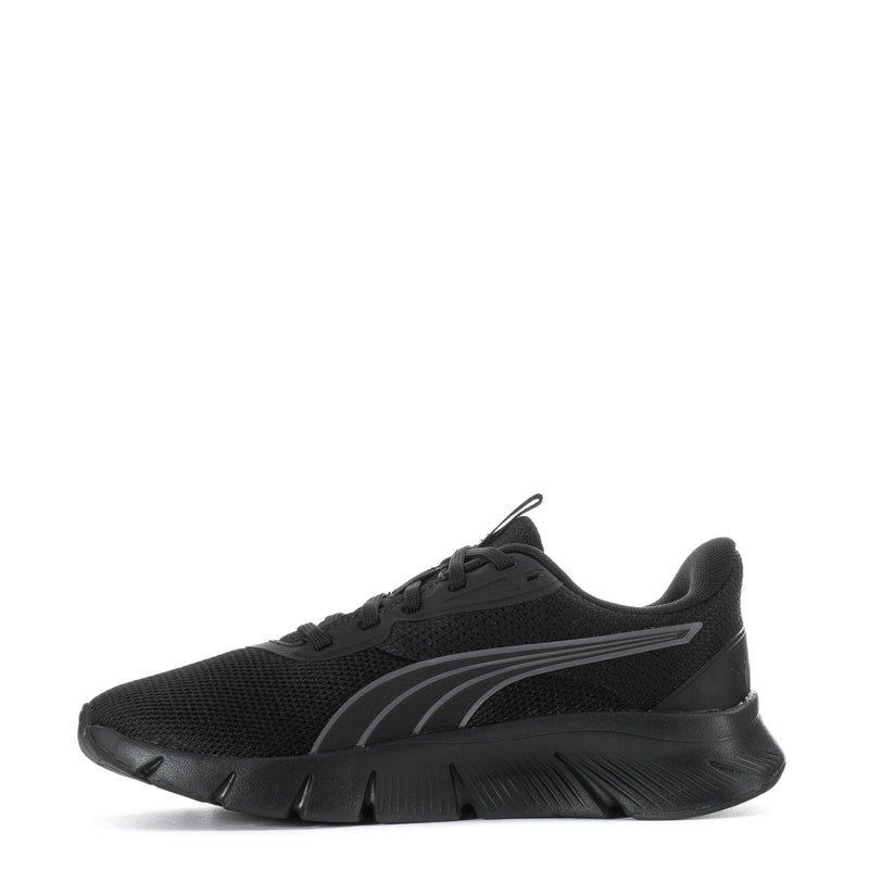 Black lace-up running shoe with gray curved stripe and thick sculpted midsole.