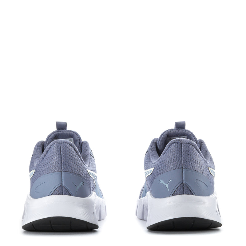 Women's Puma FlexFocus Lite shoes, blue knit heel, white sole and rear pull tab.