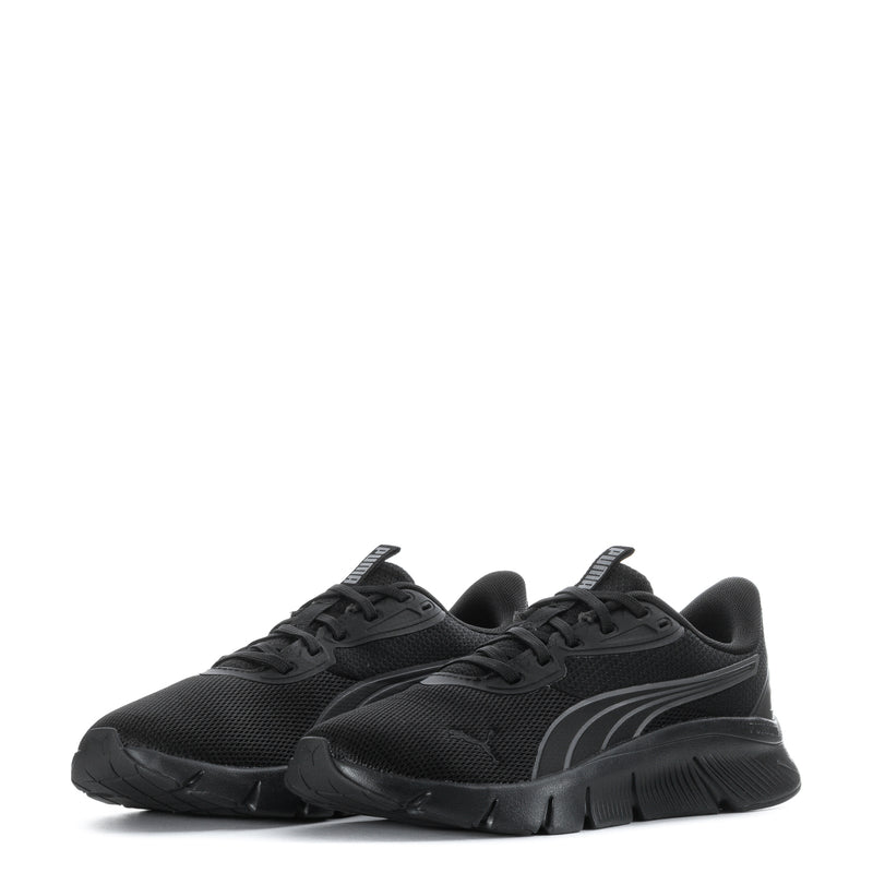 Pair of black lace-up running shoes with gray stripe accents and ridged sole.