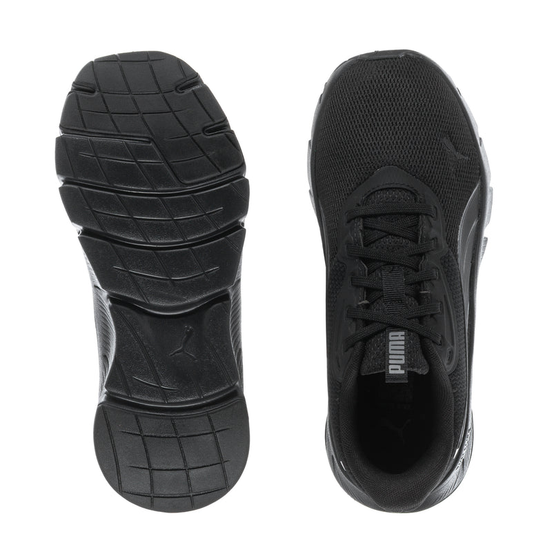 Black running shoe set with textured outsole and Puma logo on tongue.