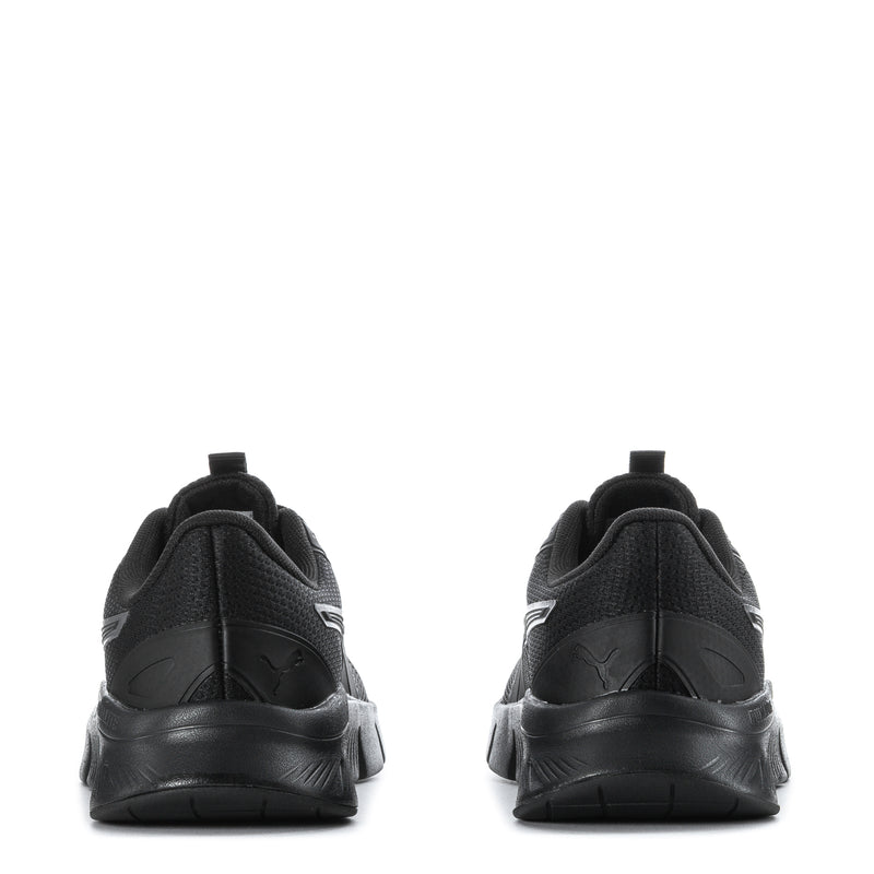 Black running shoes, rear view with cushioned heel and lace-up mesh upper.
