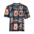Men's graphic T-shirt flat lay, dark collage square artwork with red and blue accents