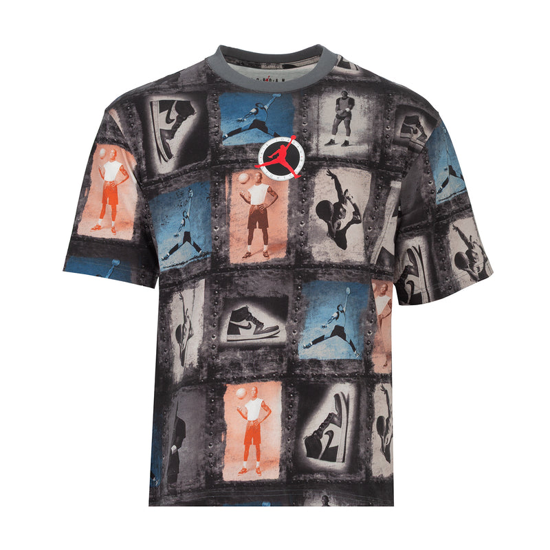 Men's graphic T-shirt flat lay, dark collage square artwork with red and blue accents