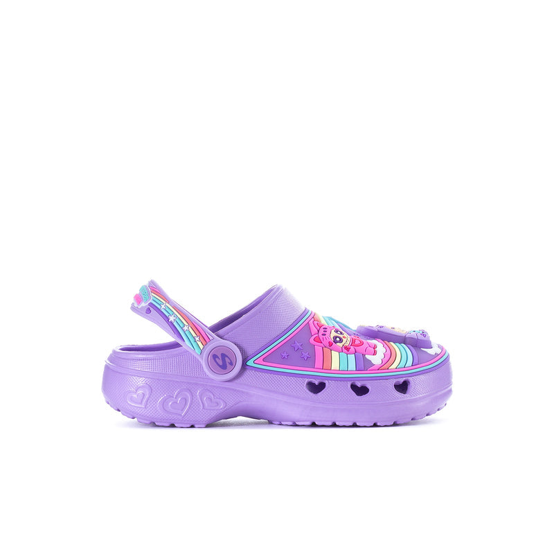 Kids' purple foam clogs with rainbow trim and cute critter graphics, heart holes