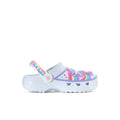 Kids slip-on clogs, white with rainbow stripe and heart-stud accents
