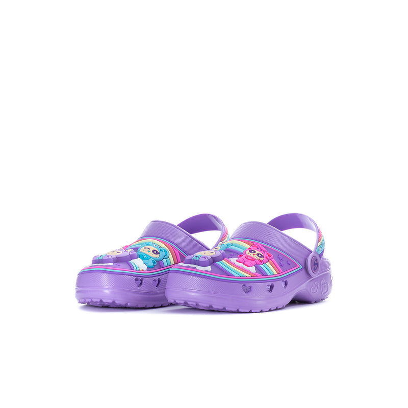 Kids' purple foam clogs, side view, rainbow-trim straps and colorful critter prints