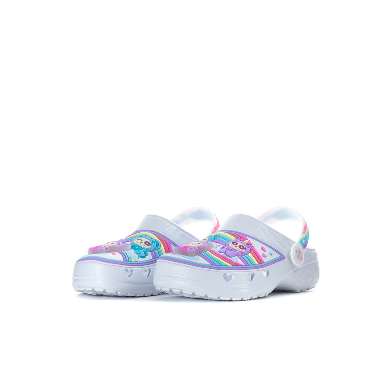 Kids slip-on clogs pair, white uppers with rainbow trim and heart details