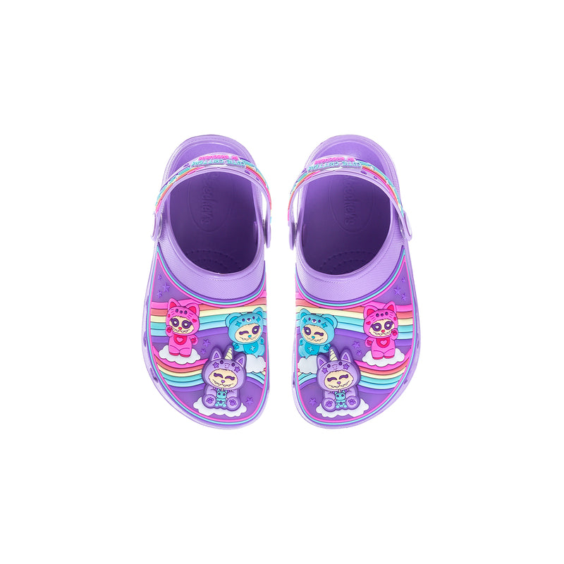 Kids' purple slip-on foam clogs with colorful critter artwork on the front panels