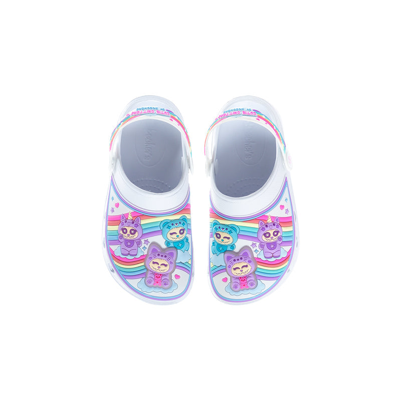 Kids slip-on clogs showing toe area with colorful owl and rainbow graphic