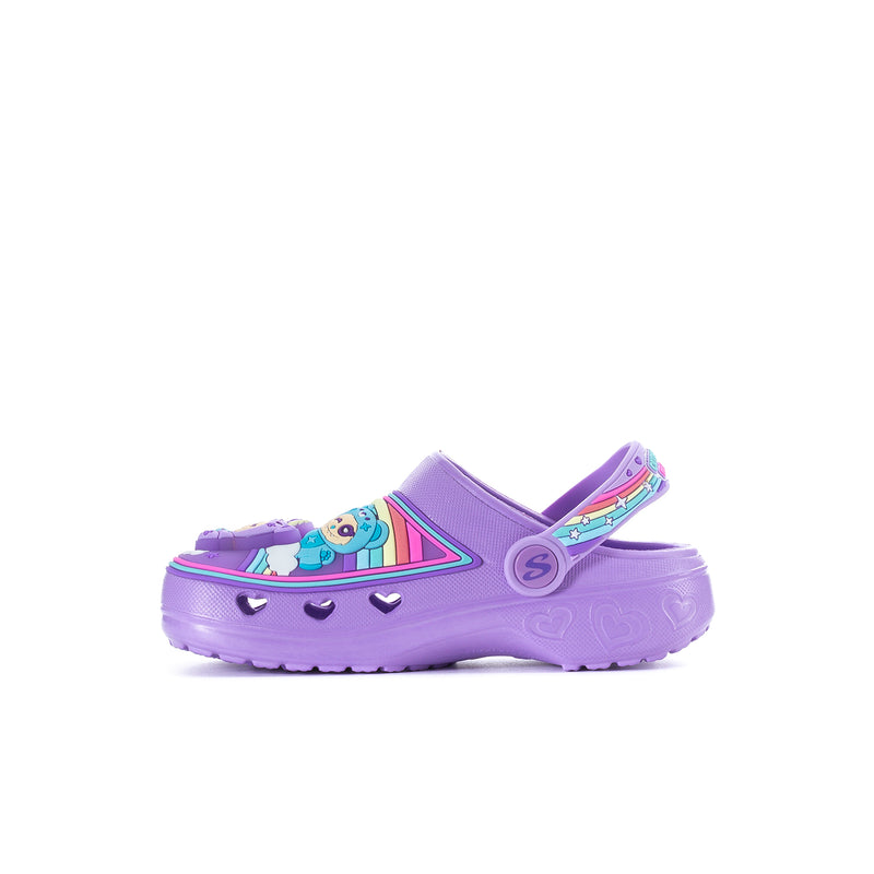 Kids' purple foam clogs with rainbow-trim strap and critter graphics, side profile