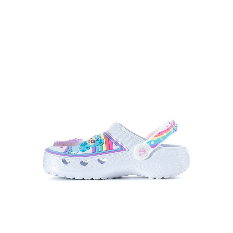 Kids slip-on clogs side view, white with rainbow stripe and cute critter print