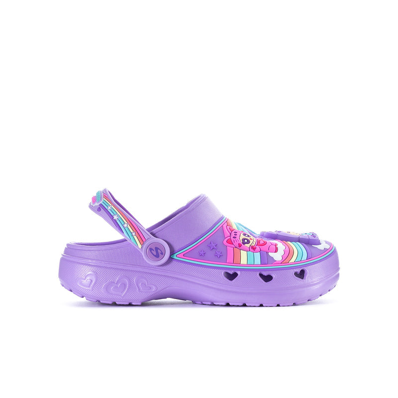 Youth purple clog shoes with rainbow strap and cartoon critter graphic