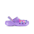 Youth purple clog shoes with rainbow strap and cartoon critter graphic