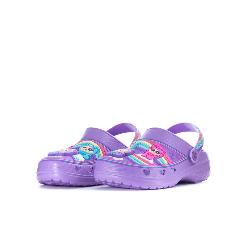 Youth purple clog shoes with colorful rainbow panels and cartoon critter design