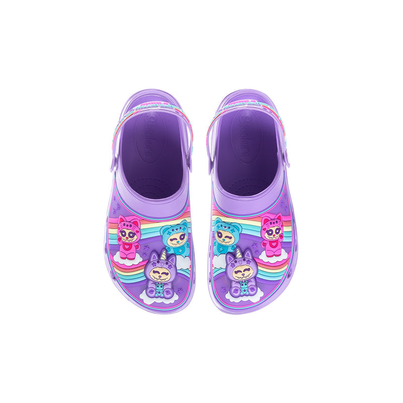 Youth purple clogs with cartoon critter print on the front strap openings