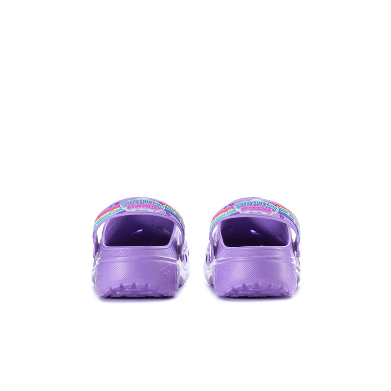 Youth purple clog shoes with top view showing rounded heel and front strap