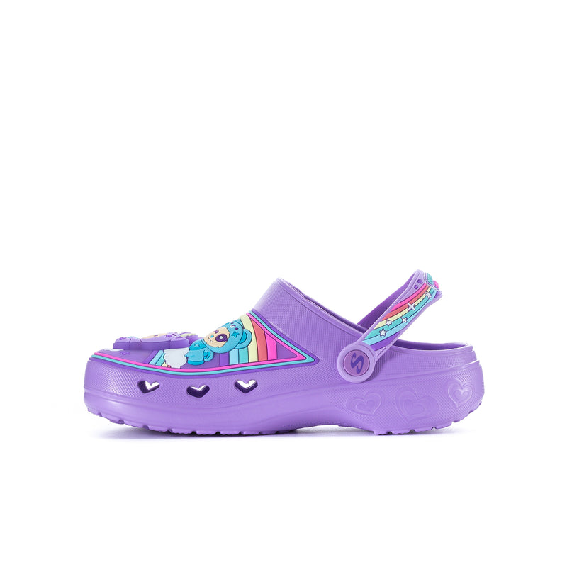 Youth purple clog shoes with rainbow trim and cartoon critter graphic side panel