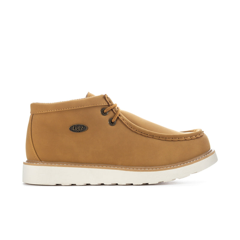 Men's tan suede lace-up chukka boot with white rubber sole and side stitching