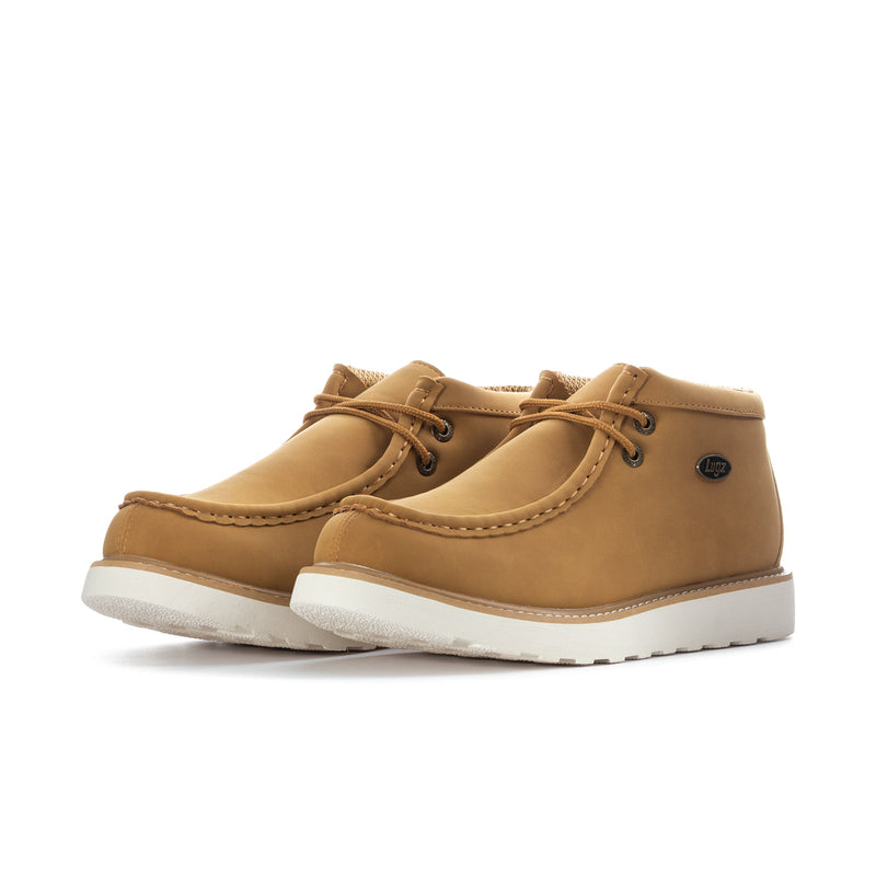 Men's tan suede lace-up chukka boots, pair, with white rubber soles