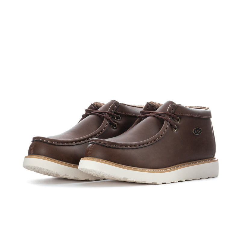 Men's chukka boot pair, dark brown leather, lace-up with off-white rubber sole