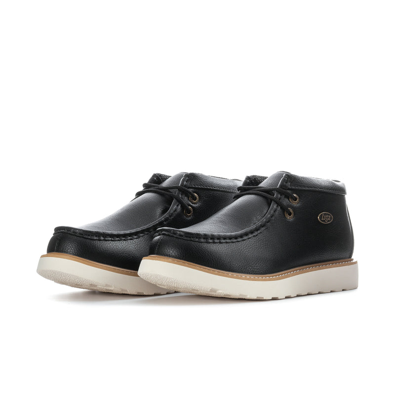 Men's black leather lace-up chukka boots, side view with light tan rubber outsole