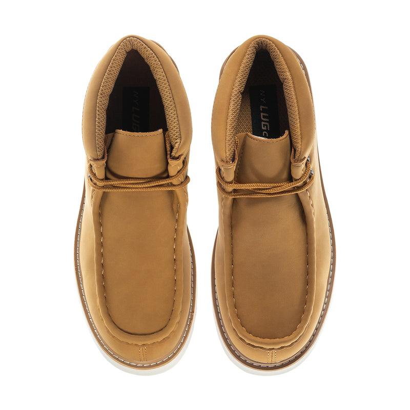 Men's tan suede chukka boots with padded collar and Lugz logo on tongue