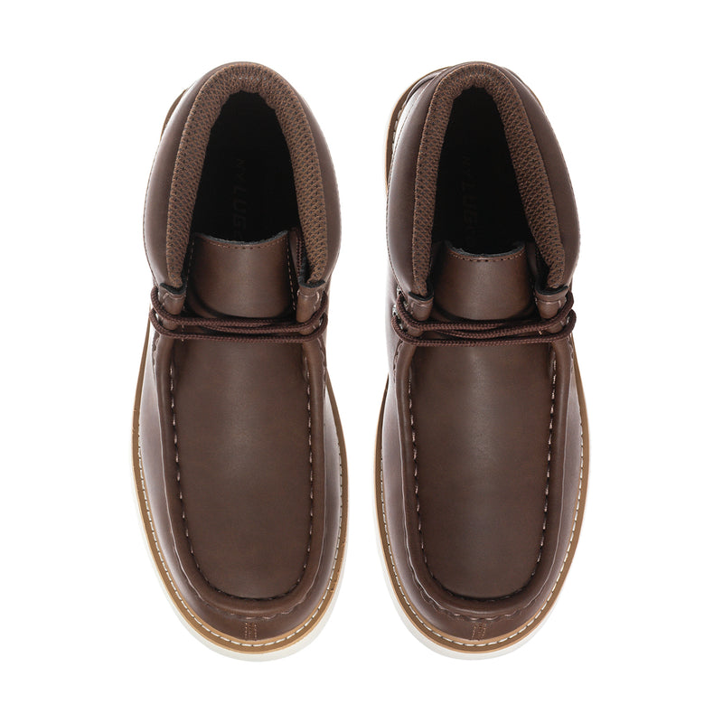 Men's chukka boots, dark brown uppers, padded collar, side stitching; interior view