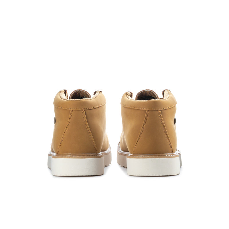 Men's tan suede chukka boots from the back, showing heel panels and white sole